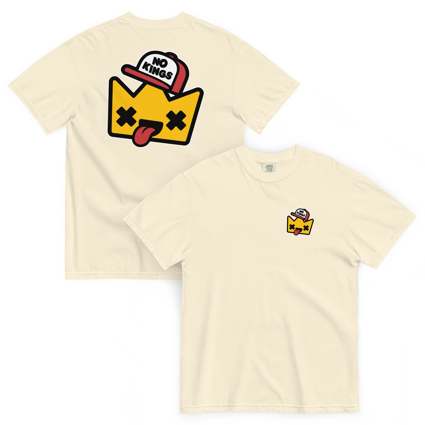 Ivory Comfort Colors t-shirt showcasing a colorful cartoon crown illustration with a “No Kings” message and playful activist-inspired design.
