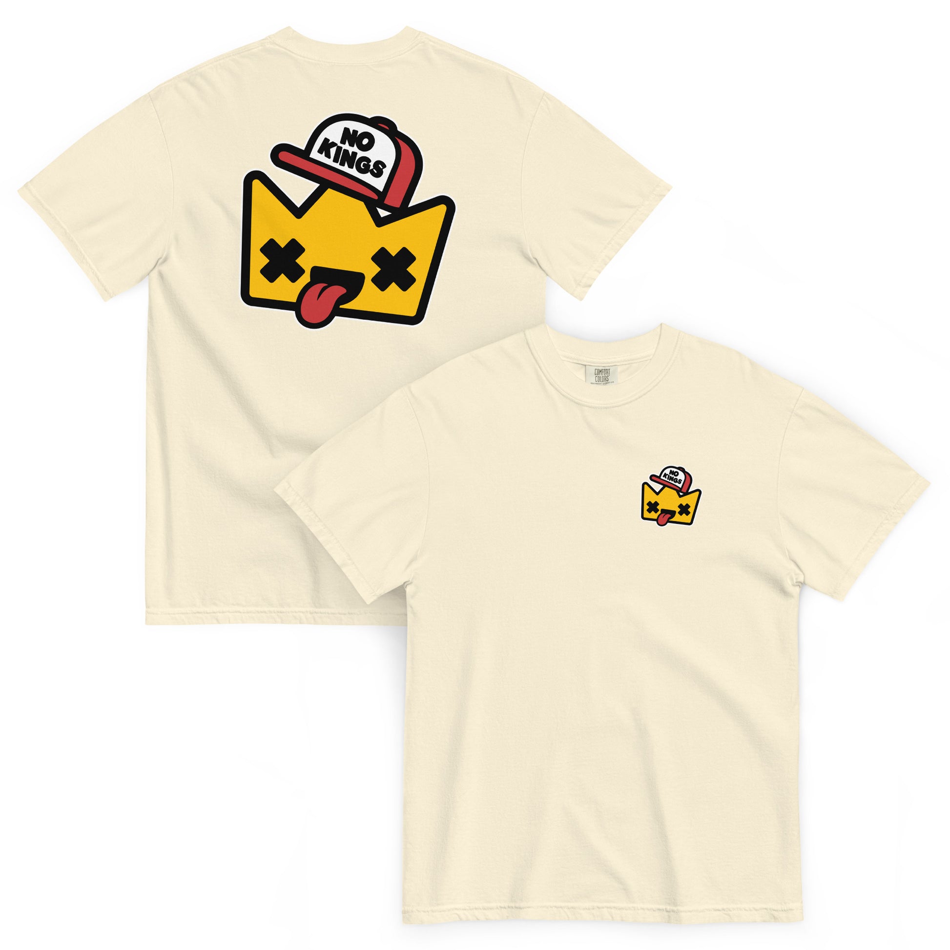Ivory Comfort Colors t-shirt showcasing a colorful cartoon crown illustration with a “No Kings” message and playful activist-inspired design.