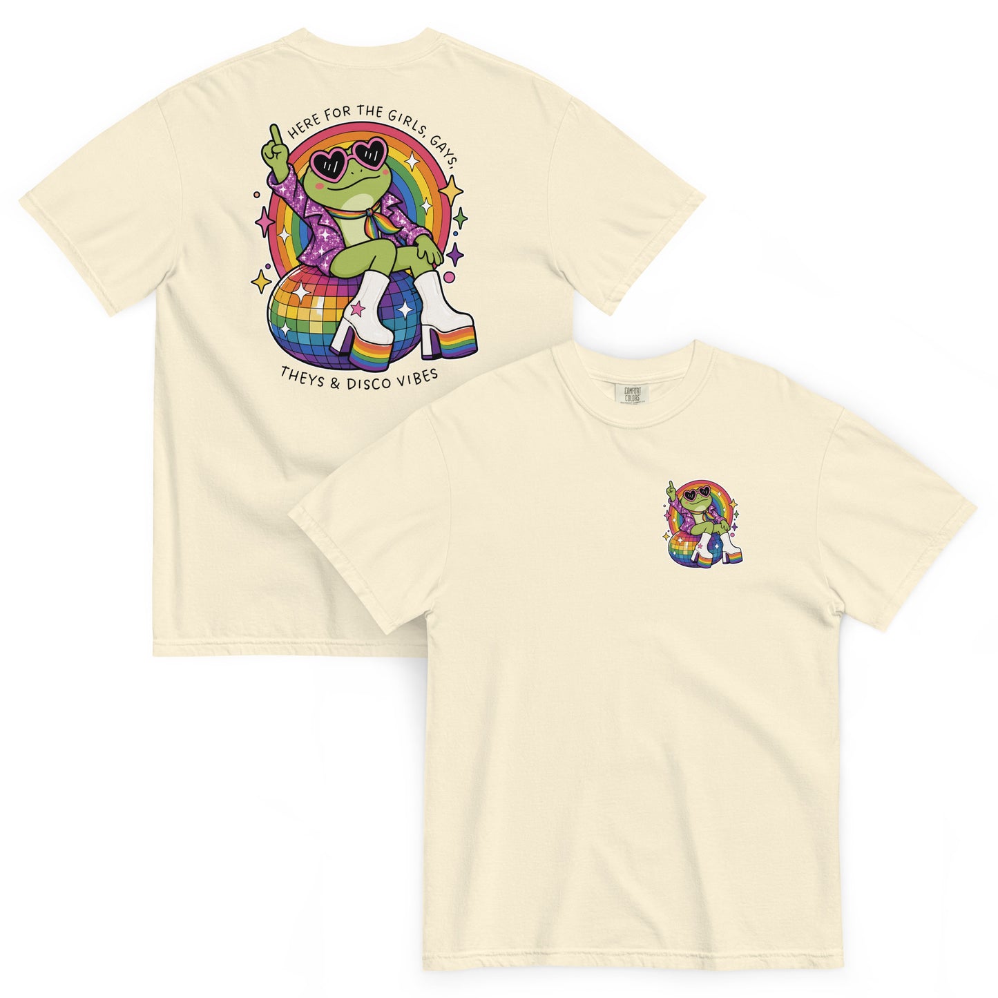 Ivory garment-dyed t-shirt displaying a retro-inspired disco frog illustration celebrating LGBTQ+ pride, inclusivity, and self-expression.
