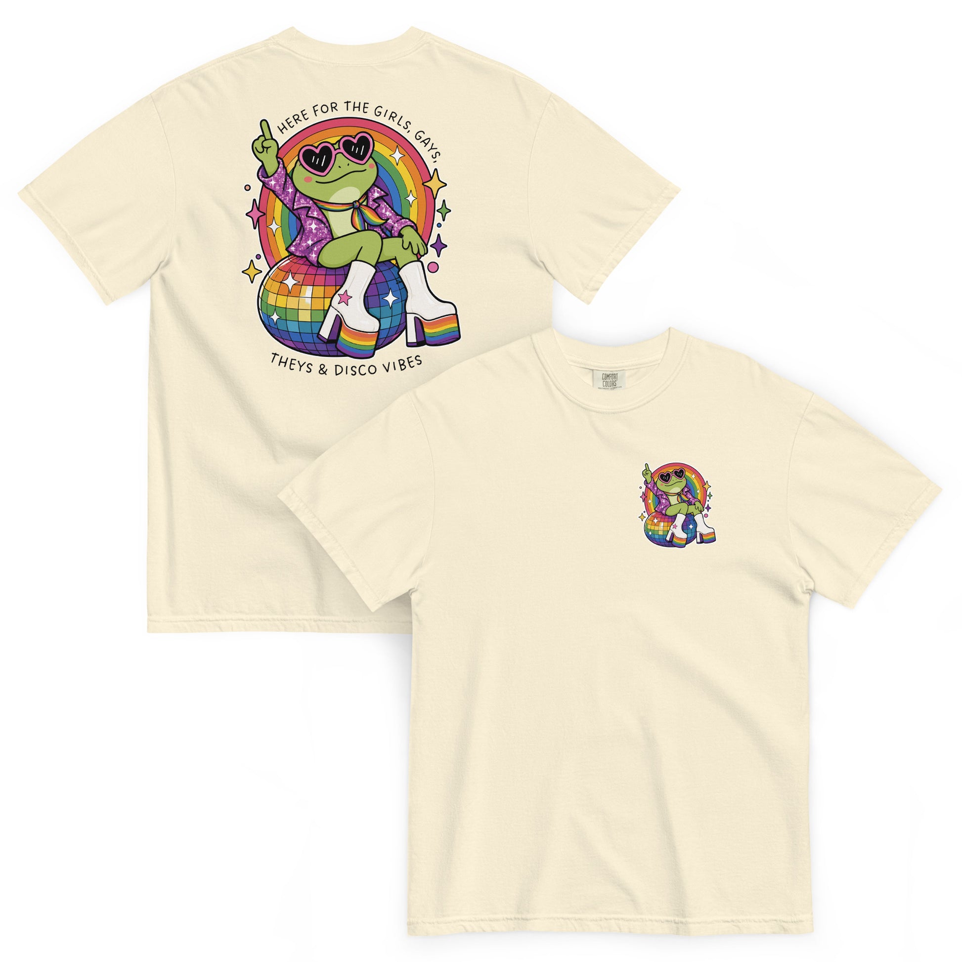 Ivory garment-dyed t-shirt displaying a retro-inspired disco frog illustration celebrating LGBTQ+ pride, inclusivity, and self-expression.