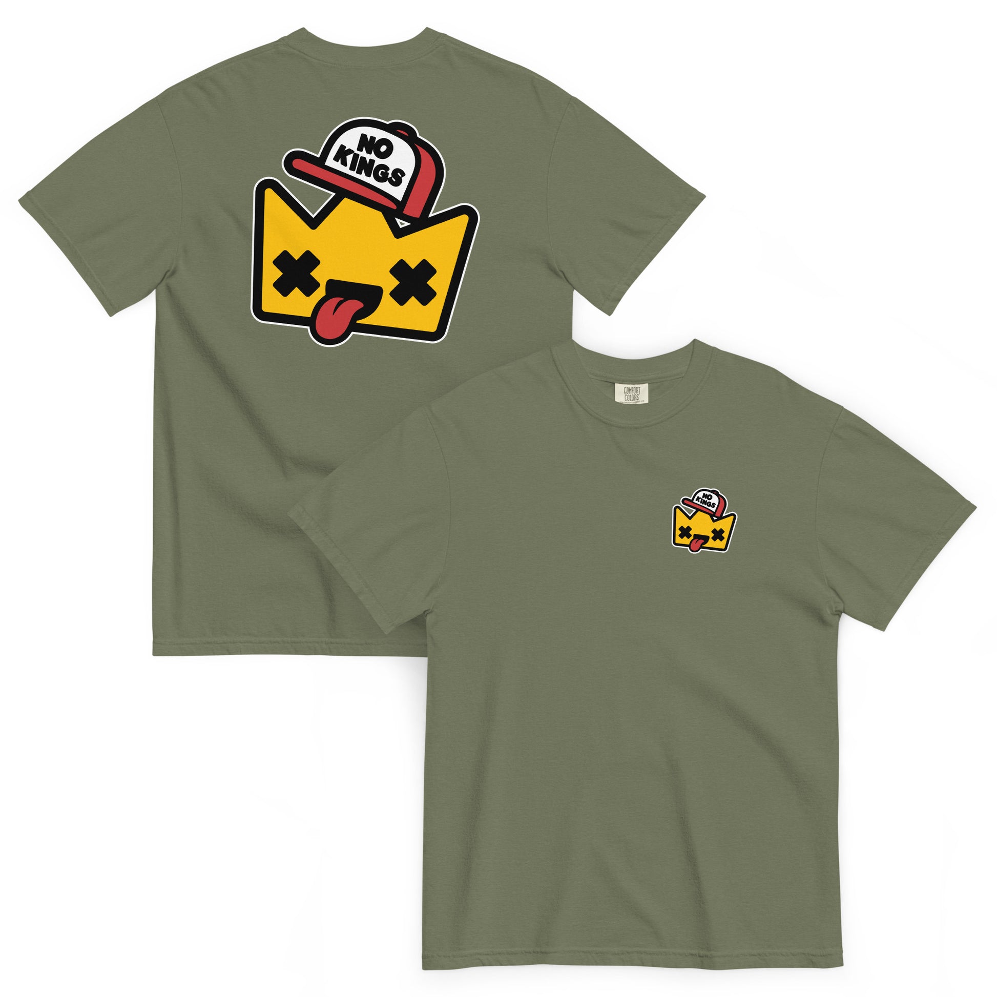 Moss green garment-dyed t-shirt showcasing a bold cartoon crown illustration with a “No Kings” message celebrating democracy over inherited power.