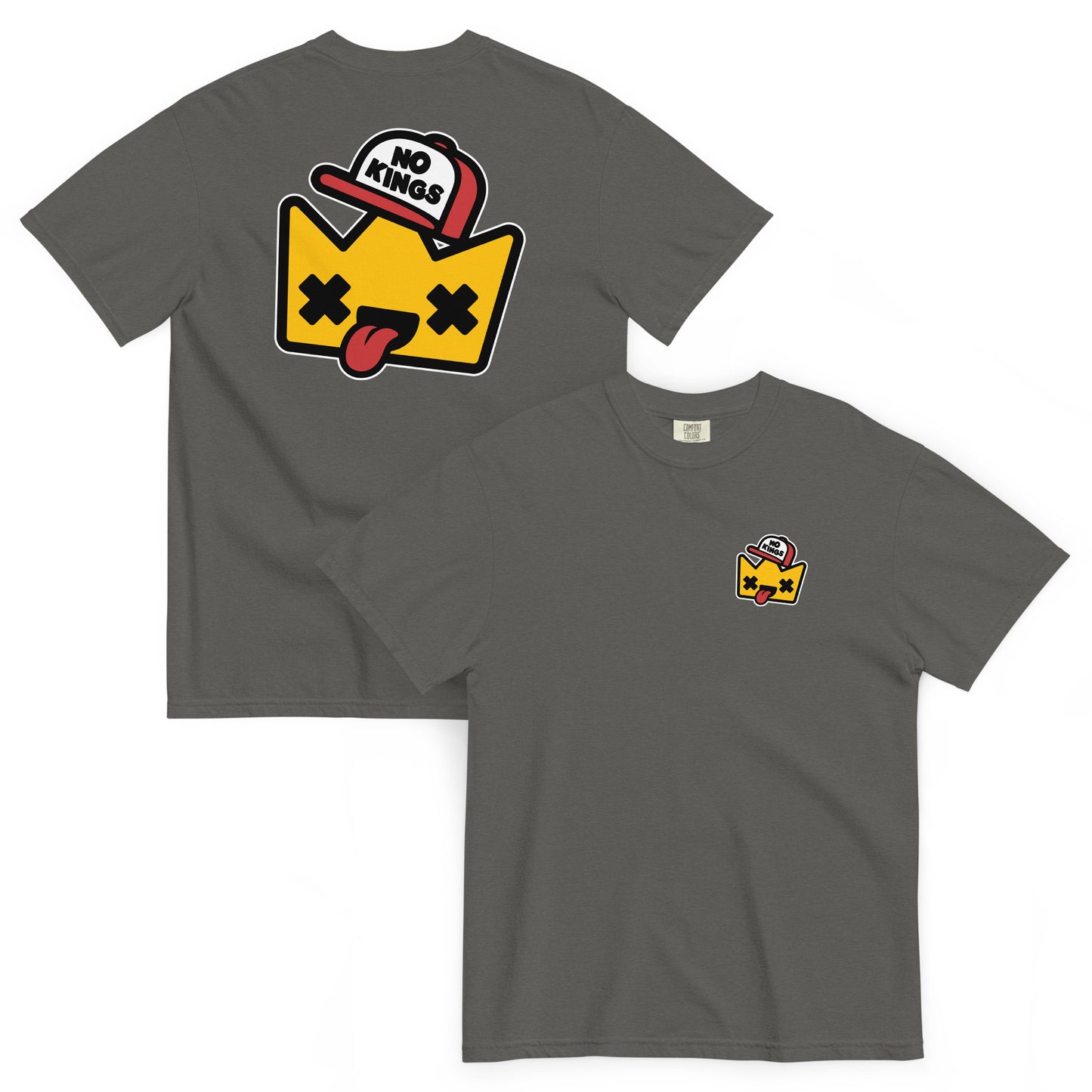 Pepper gray Comfort Colors t-shirt featuring a humorous cartoon crown wearing a “No Kings” cap, combining street-art aesthetics with pro-democracy themes.