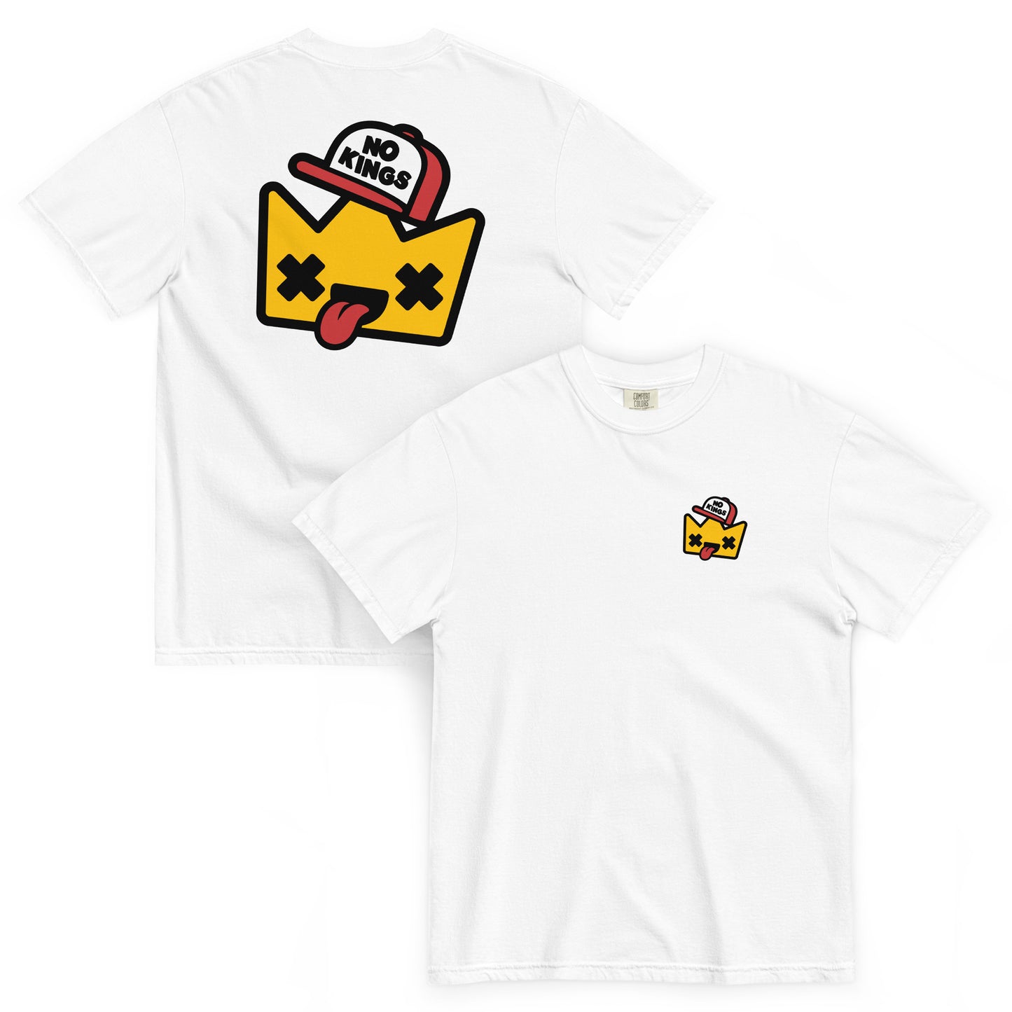 White garment-dyed t-shirt featuring the “No Kings” cartoon crown graphic, a fun and approachable pro-democracy statement design.