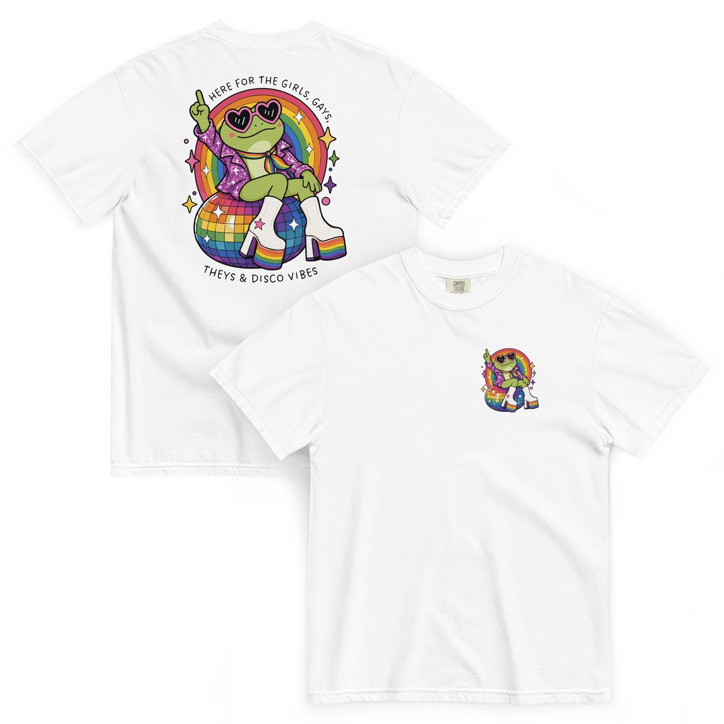 White Comfort Colors t-shirt featuring a vibrant rainbow disco frog graphic with matching chest print, combining Pride celebration, music, and playful retro style.