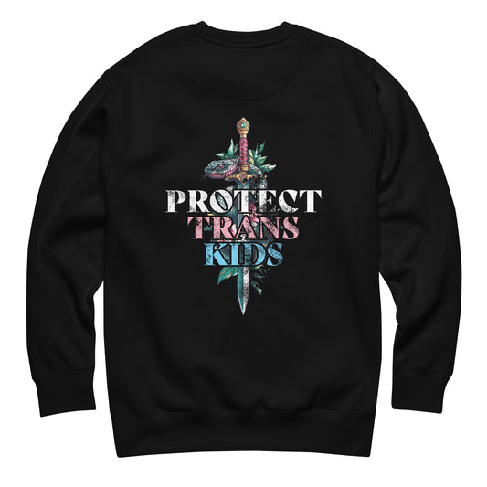Black unisex premium sweatshirt back featuring large snake and dagger illustration with trans pride colors and bold typography reading “Protect Trans Kids,” progressive apparel from Blue Wave USA.