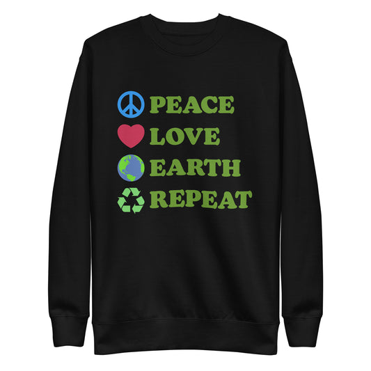 Front View Image: Peace Love Earth Repeat sweatshirt shown flat with full front design