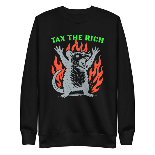 Front View Image: Tax The Rich Opossum Sweatshirt – graphic design with flames and protest opossum