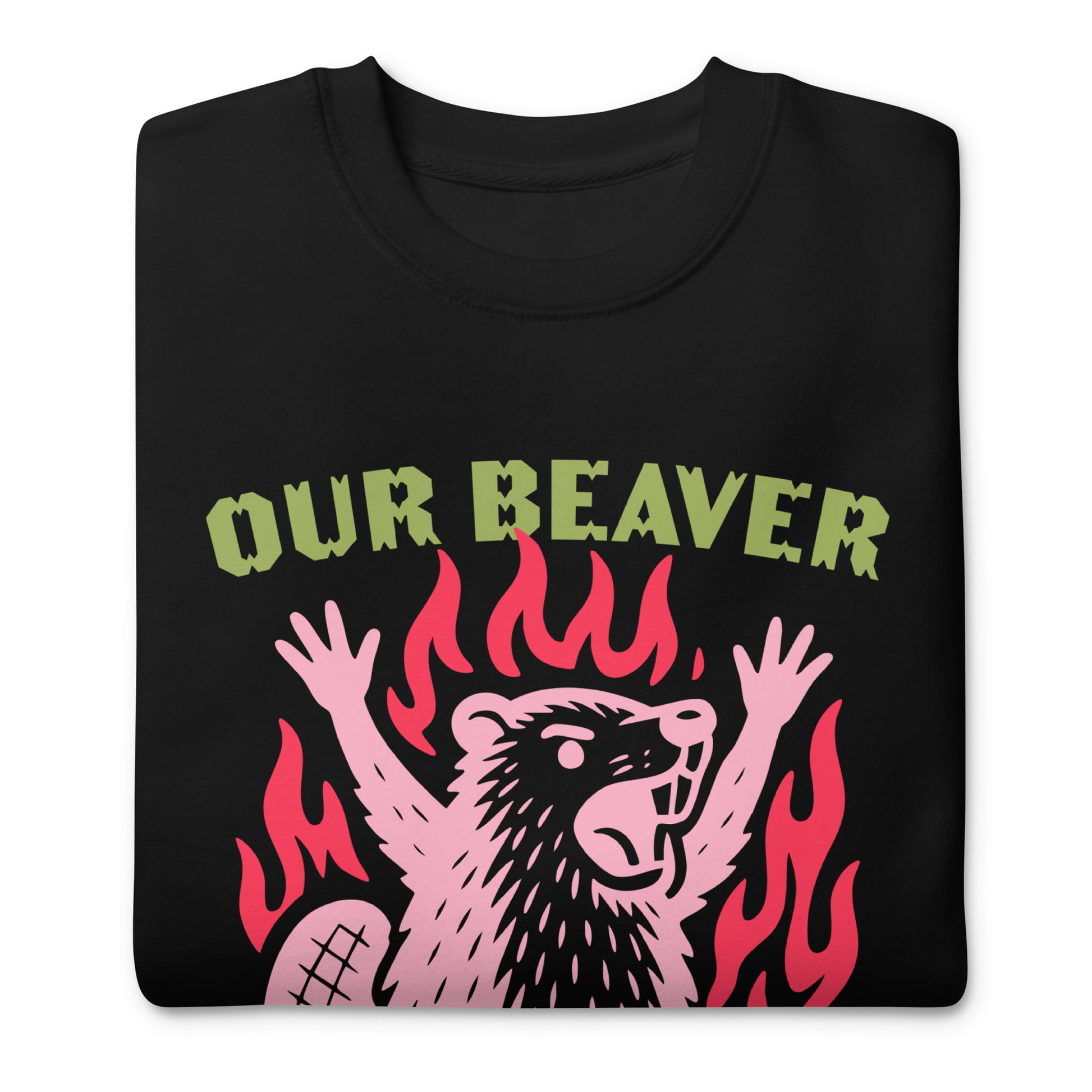 Close-Up of Design: Angry pink beaver with flames and protest message