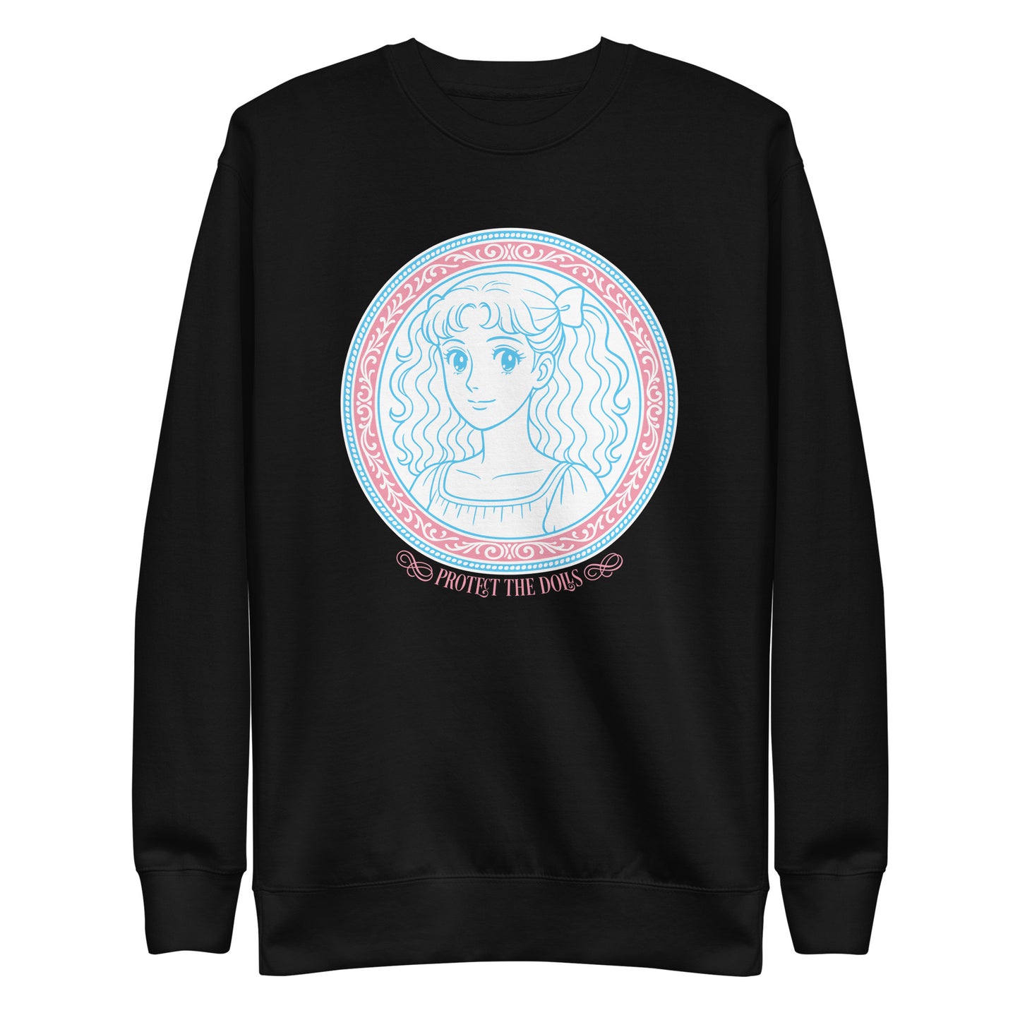 Front View Image: Protect The Dolls premium sweatshirt with pastel trans pride anime design