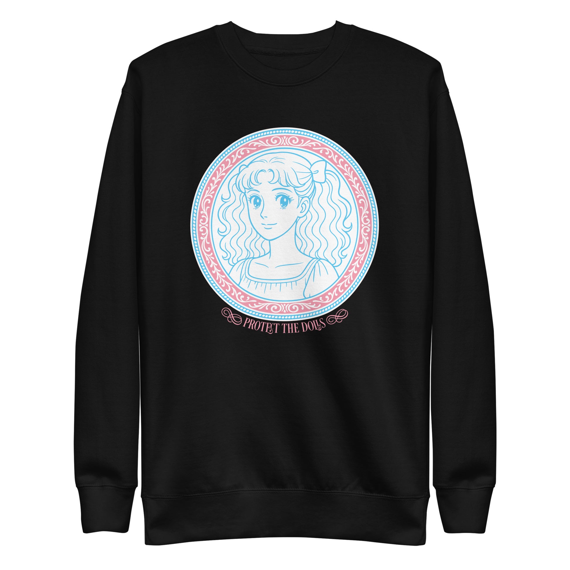 Front View Image: Protect The Dolls premium sweatshirt with pastel trans pride anime design