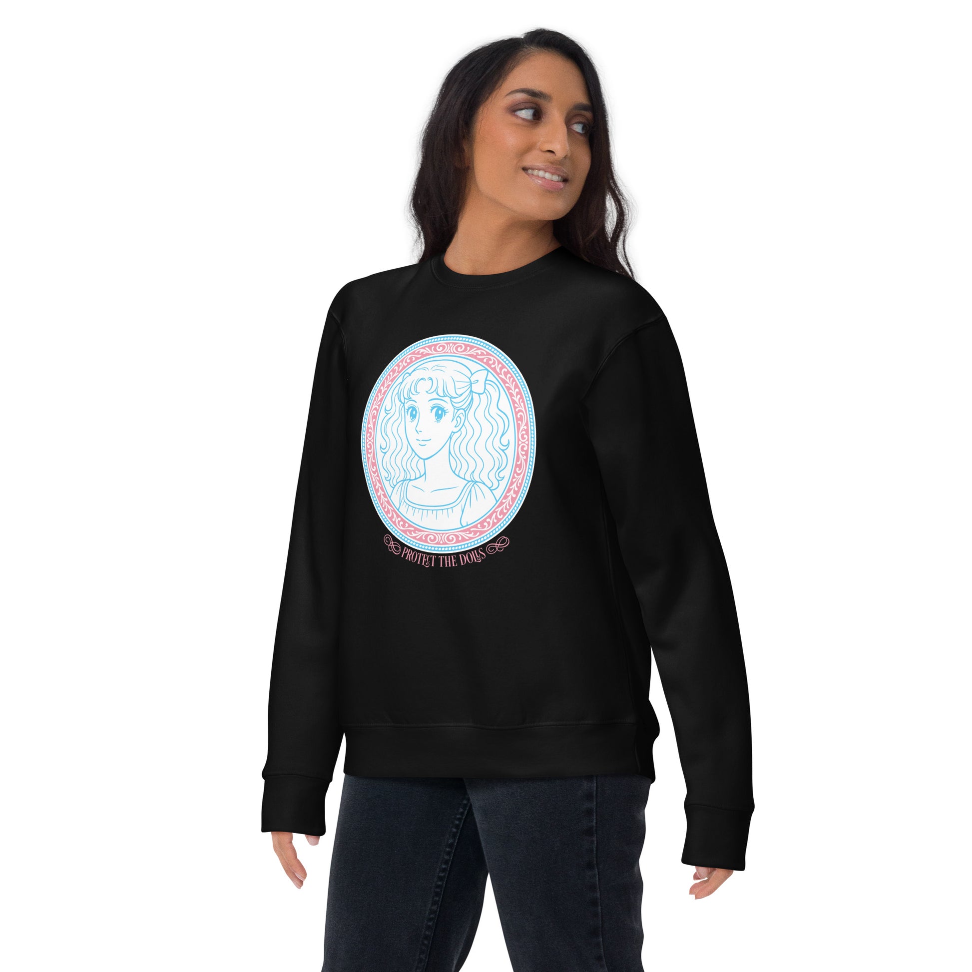 Lifestyle Image: Feminist ally wearing Protect The Dolls sweatshirt at a pride rally