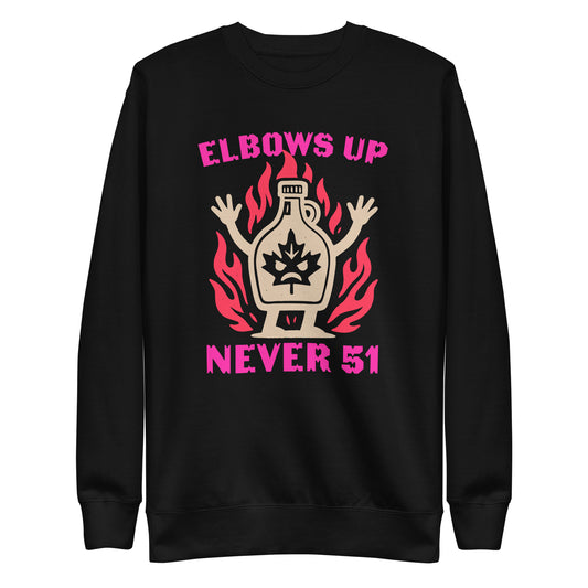 Front View Image: “Elbows Up – Never 51st” design on premium Canadian pride sweatshirt