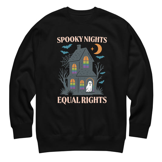 Black sweatshirt with “Spooky Nights, Equal Rights” haunted house and ghost design, cozy Halloween equality apparel.