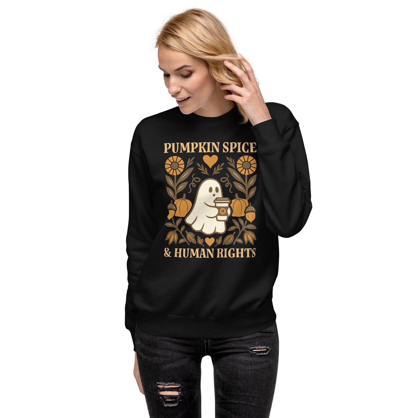 Model wearing “Pumpkin Spice & Human Rights” ghost sweatshirt, Blue Wave USA progressive fall fashion celebrating kindness and equality.