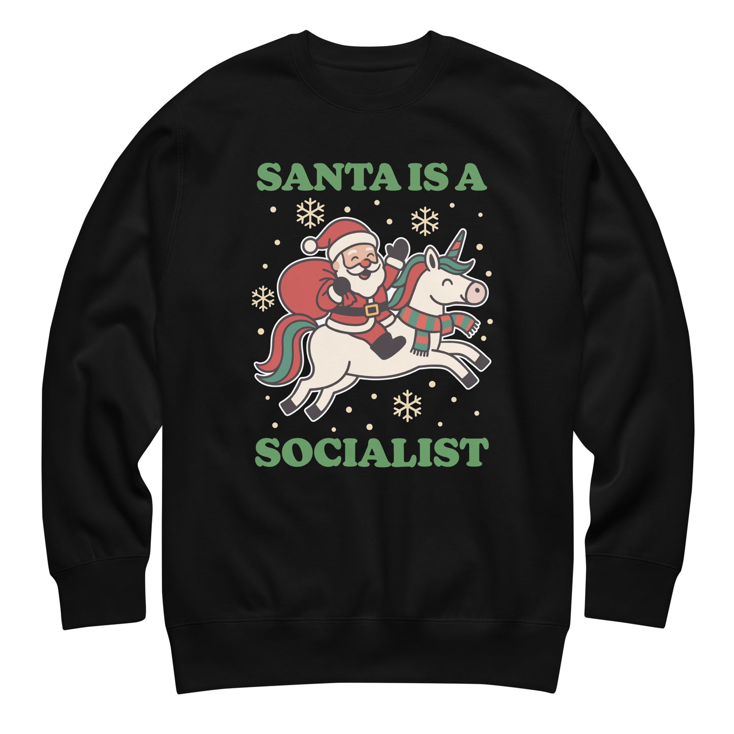 Black sweatshirt featuring a retro Santa riding a unicorn with holiday stars and the printed message “SANTA IS A SOCIALIST” in green lettering.