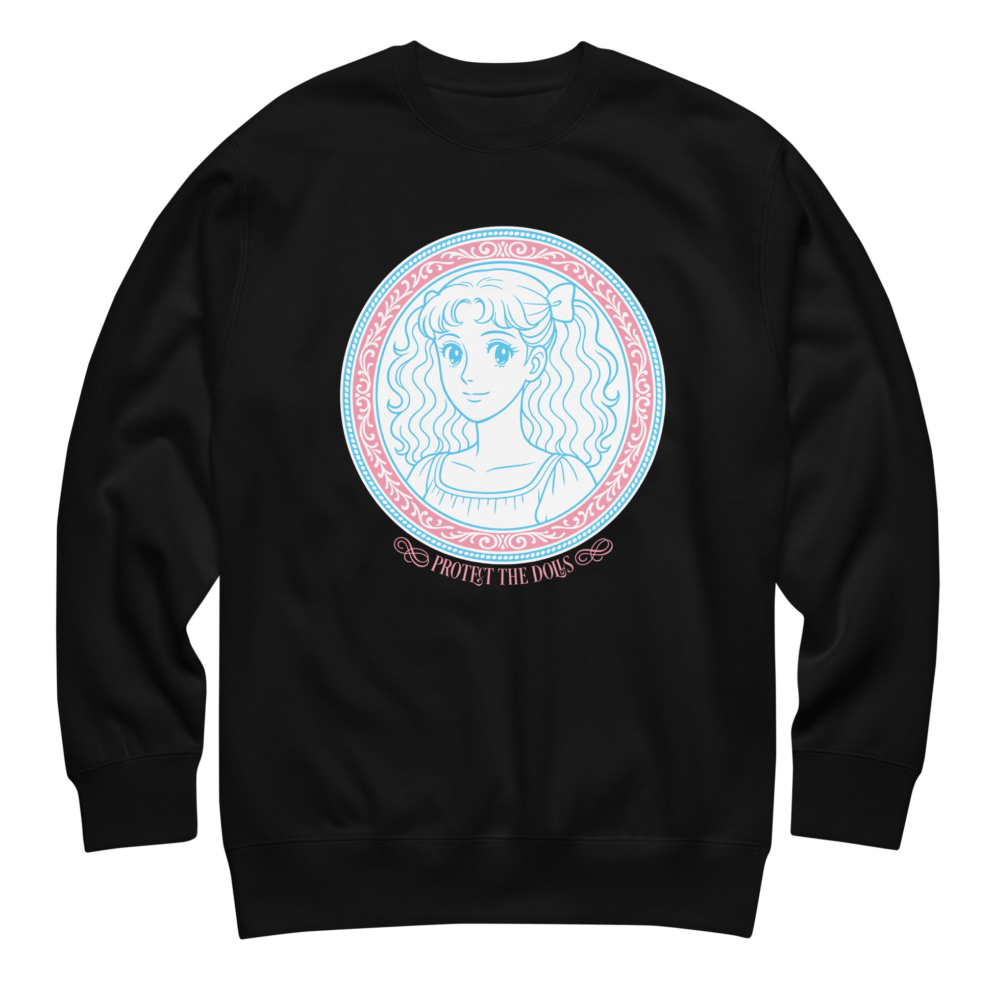 Black unisex premium sweatshirt featuring pastel blue anime-inspired portrait framed in pink ornamental medallion with the phrase “Protect The Dolls Trans Rights,” a justice-focused design.