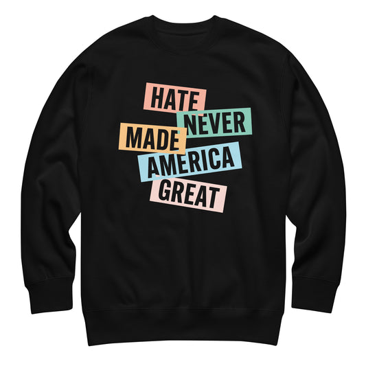 Black unisex premium sweatshirt featuring stacked pastel block typography reading “HATE NEVER MADE AMERICA GREAT,” retro progressive graphic design.