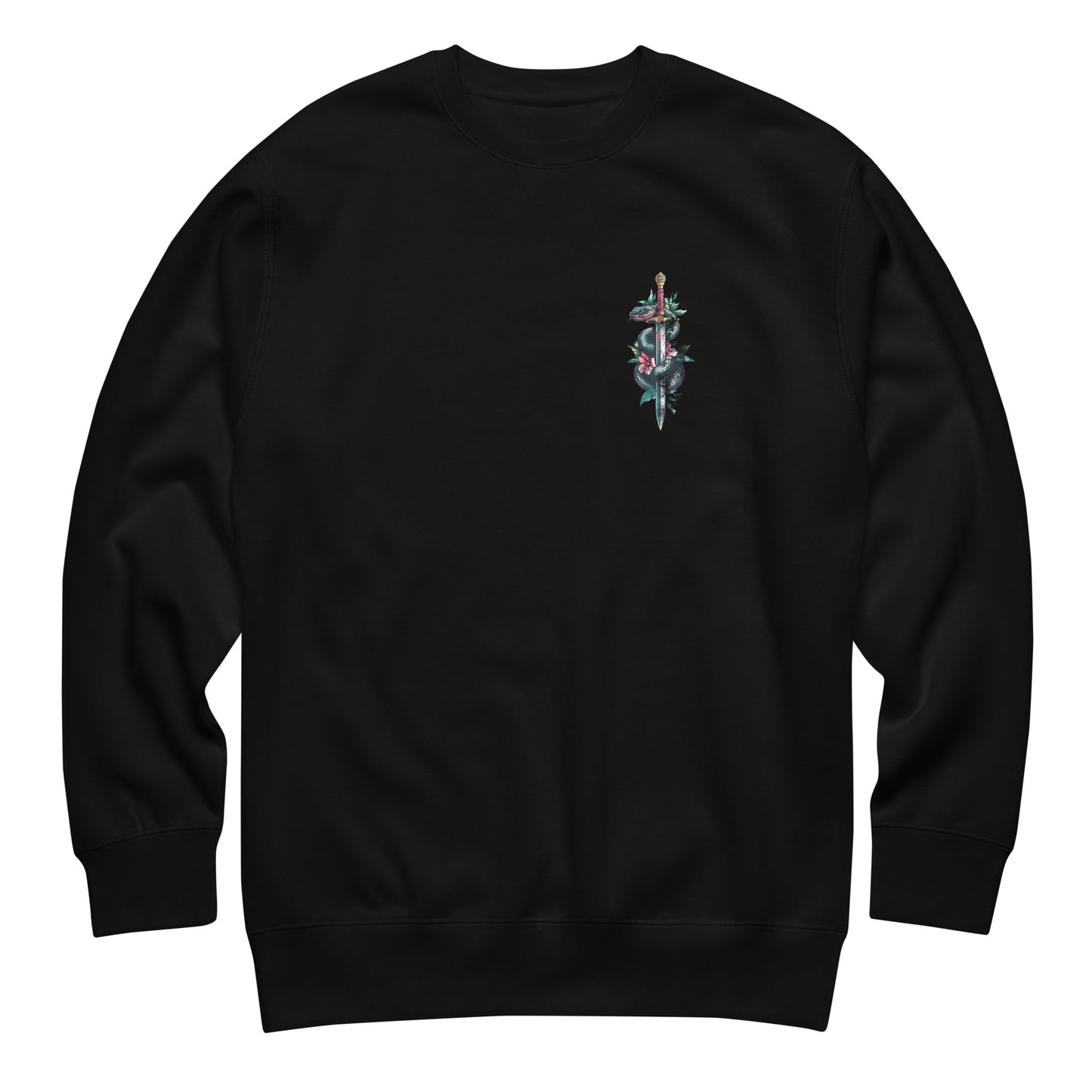 Black unisex premium sweatshirt front featuring small chest graphic of snake wrapped dagger illustration with typography reading “Protect Trans Kids.”