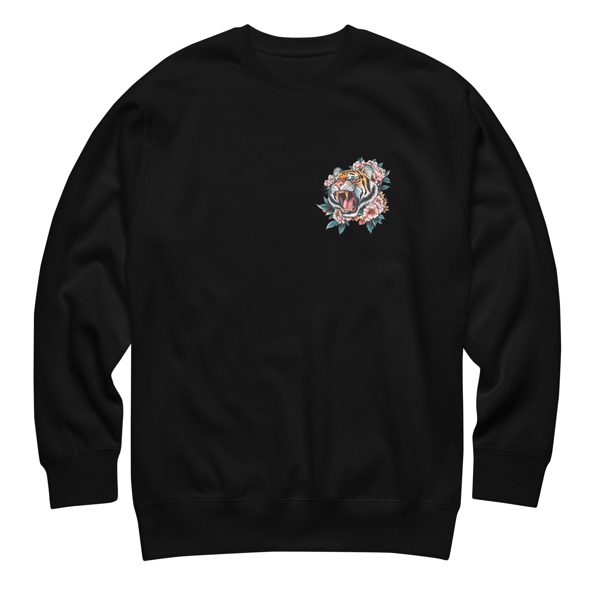 Black unisex premium sweatshirt featuring small tiger emblem on chest, minimalist front detail for “Women Don’t Owe You Sh*t” activist apparel.