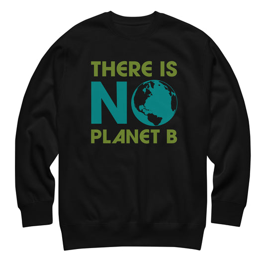 Unisex black premium sweatshirt featuring bold “There Is No Planet B” text with Earth graphic replacing O, clean environmental awareness design for eco-conscious apparel.