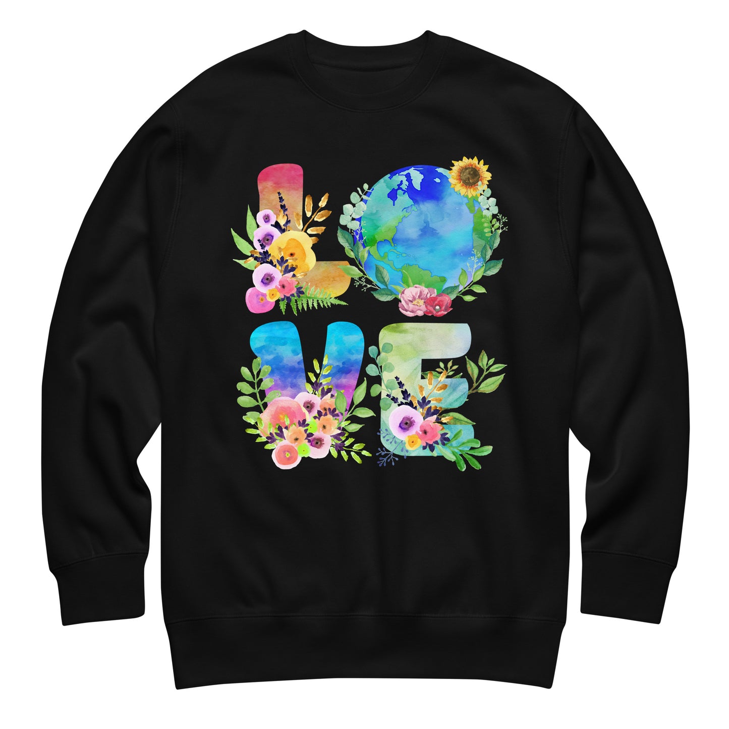 Unisex black premium sweatshirt featuring “LOVE” text with globe, flowers, and leaves forming letters, colorful climate awareness design for eco-conscious apparel.