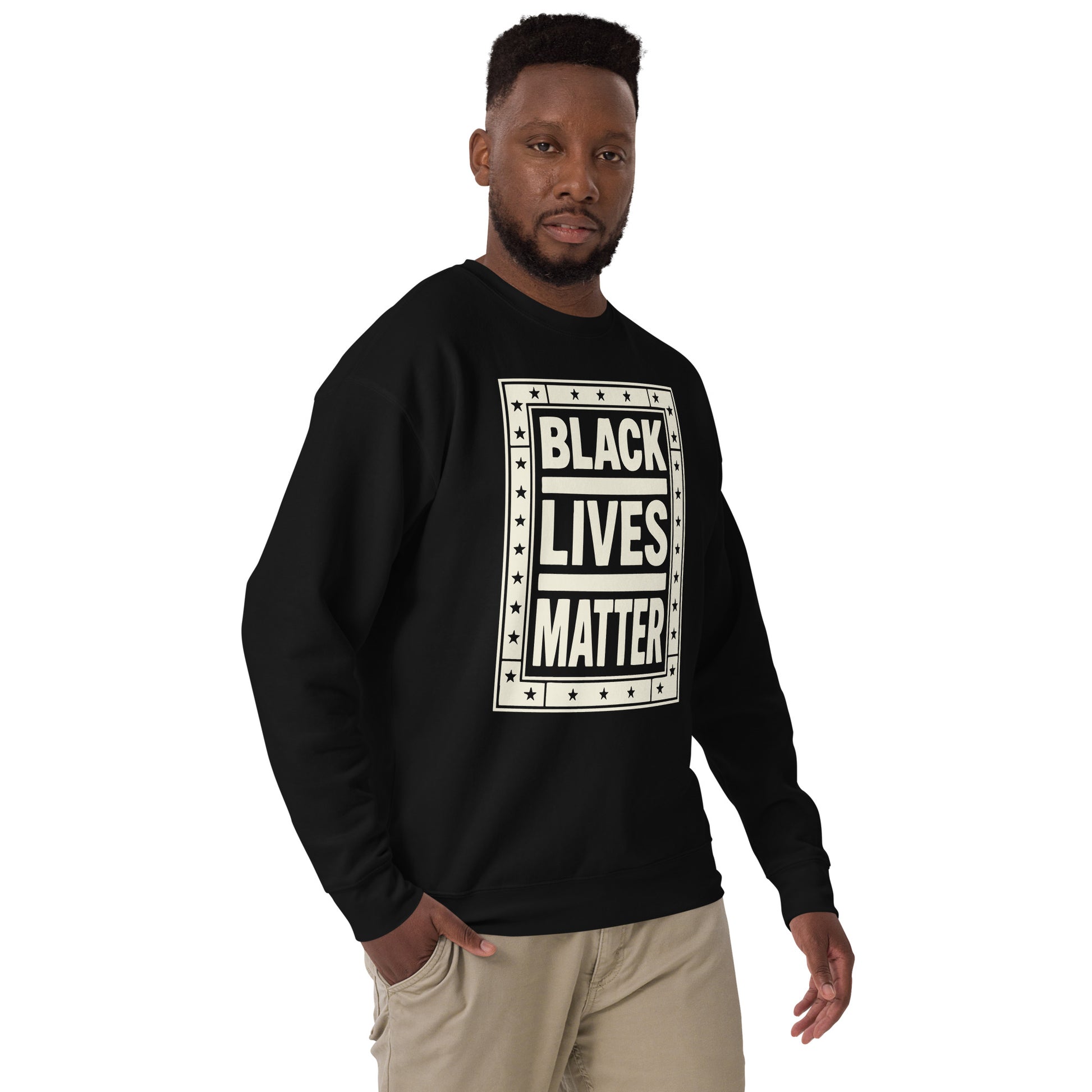 Lifestyle Image: Black Person Wearing BLM Sweatshirt