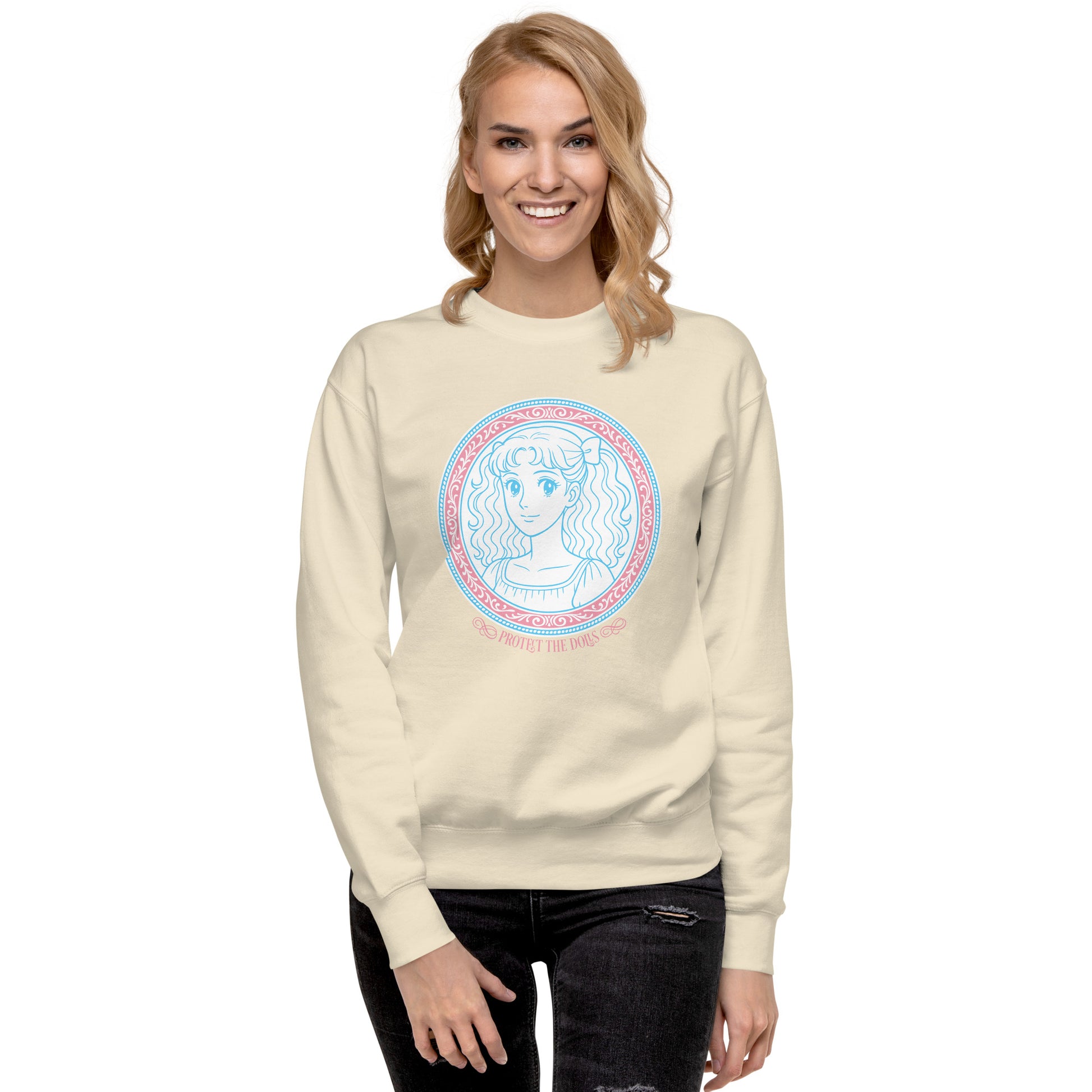Lifestyle Image: Beautiful model wearing Protect The Dolls sweatshirt at a pride rally