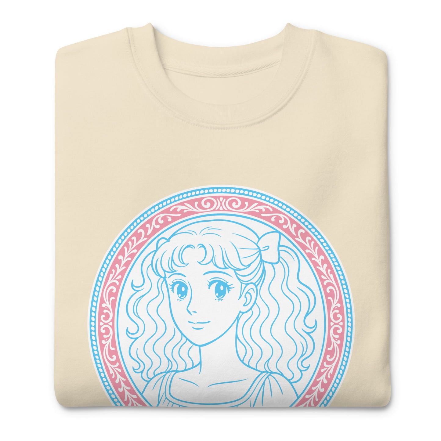 Close-Up of Design: Embellished detail of “Protect The Dolls” graphic on sweatshirt