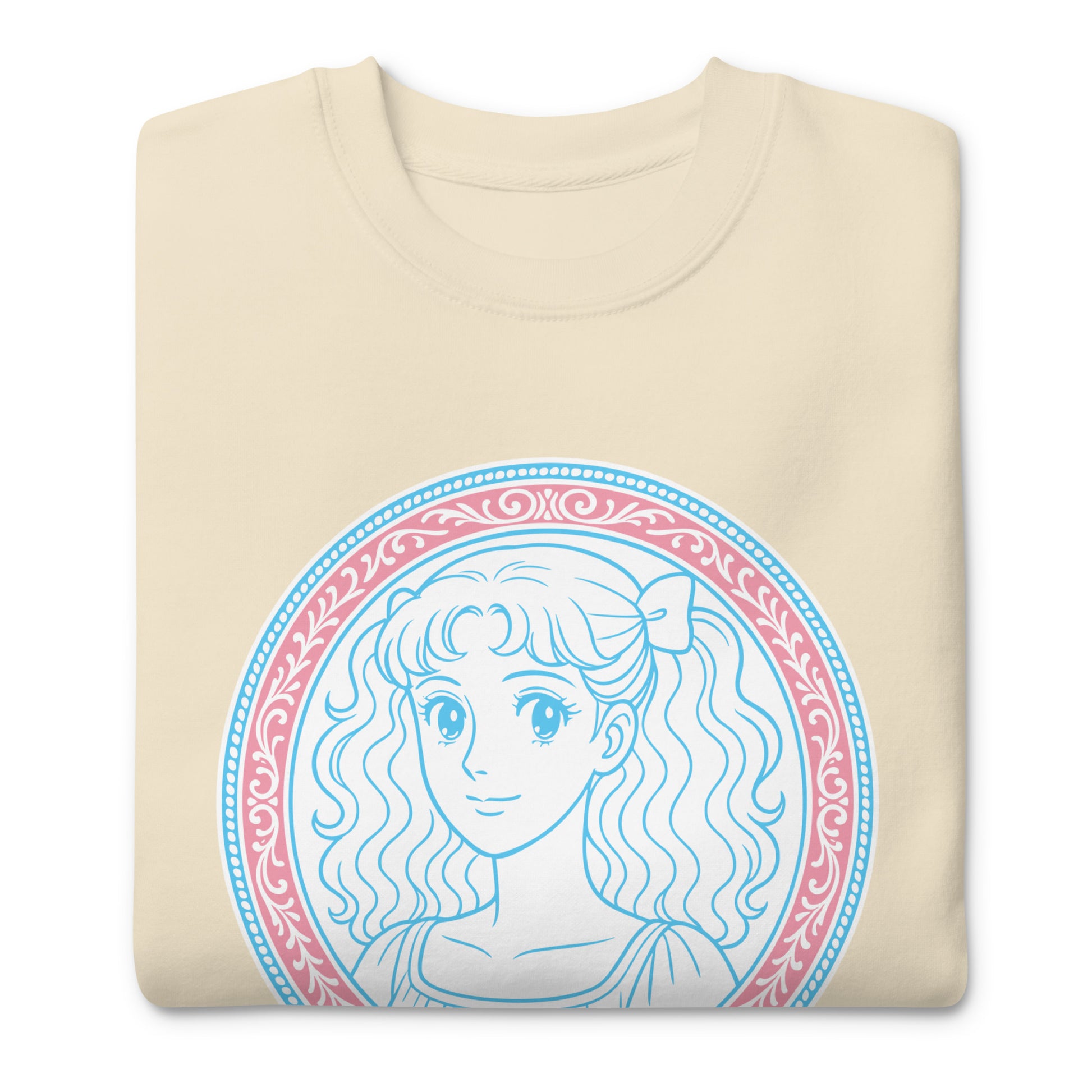 Close-Up of Design: Embellished detail of “Protect The Dolls” graphic on sweatshirt