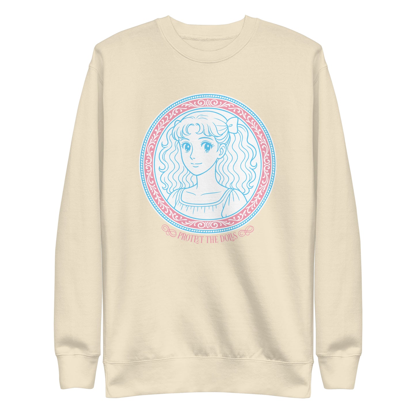 Front View Image: Protect The Dolls premium sweatshirt with pastel trans pride anime design