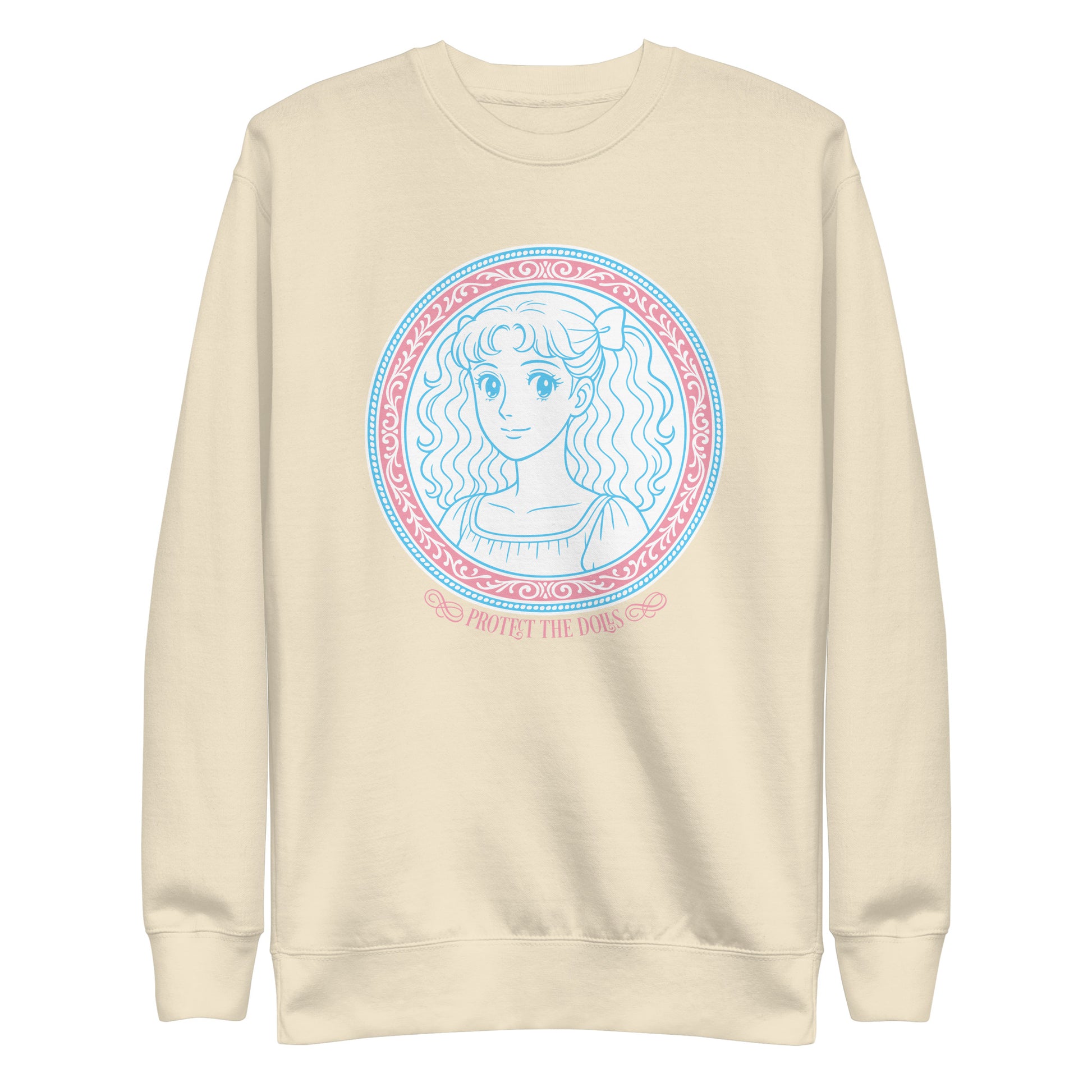 Front View Image: Protect The Dolls premium sweatshirt with pastel trans pride anime design