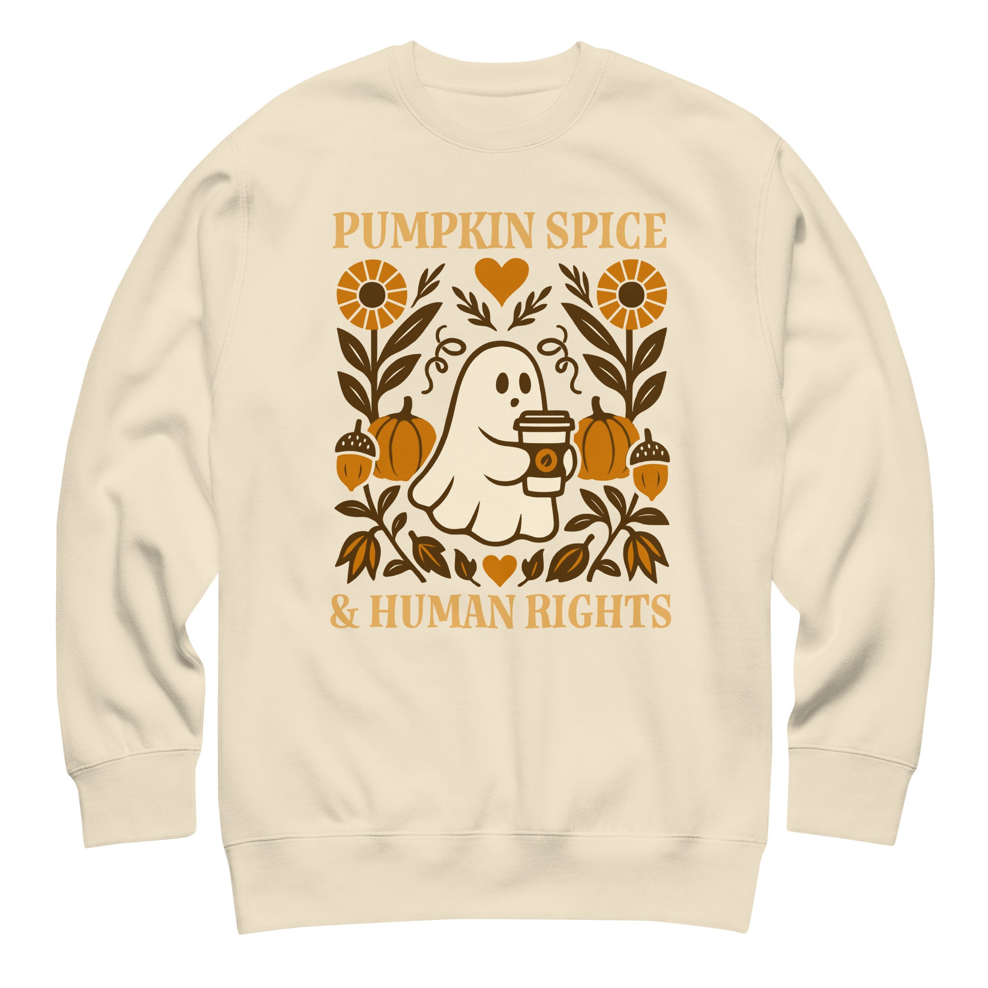 Cream sweatshirt with “Pumpkin Spice & Human Rights” ghost and pumpkins print, Blue Wave progressive fall apparel.