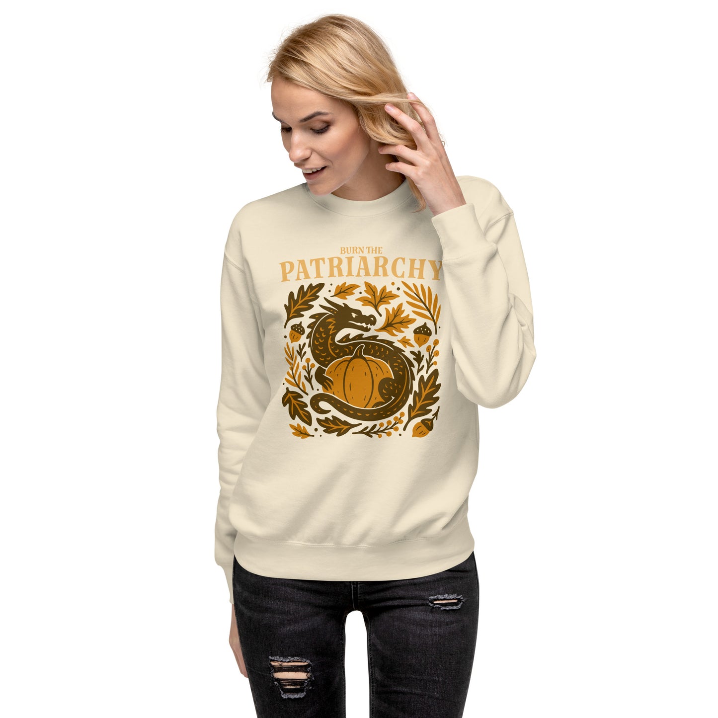 Model wearing beige “Burn the Patriarchy” feminist dragon sweatshirt, Blue Wave USA progressive fall outfit celebrating equality and women’s rights.