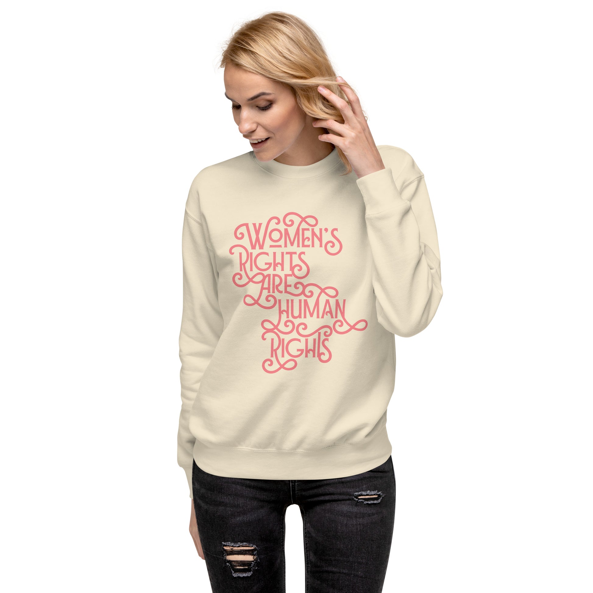 Model wearing beige “Women’s Rights Are Human Rights” sweatshirt, Blue Wave USA progressive feminist statement outfit.