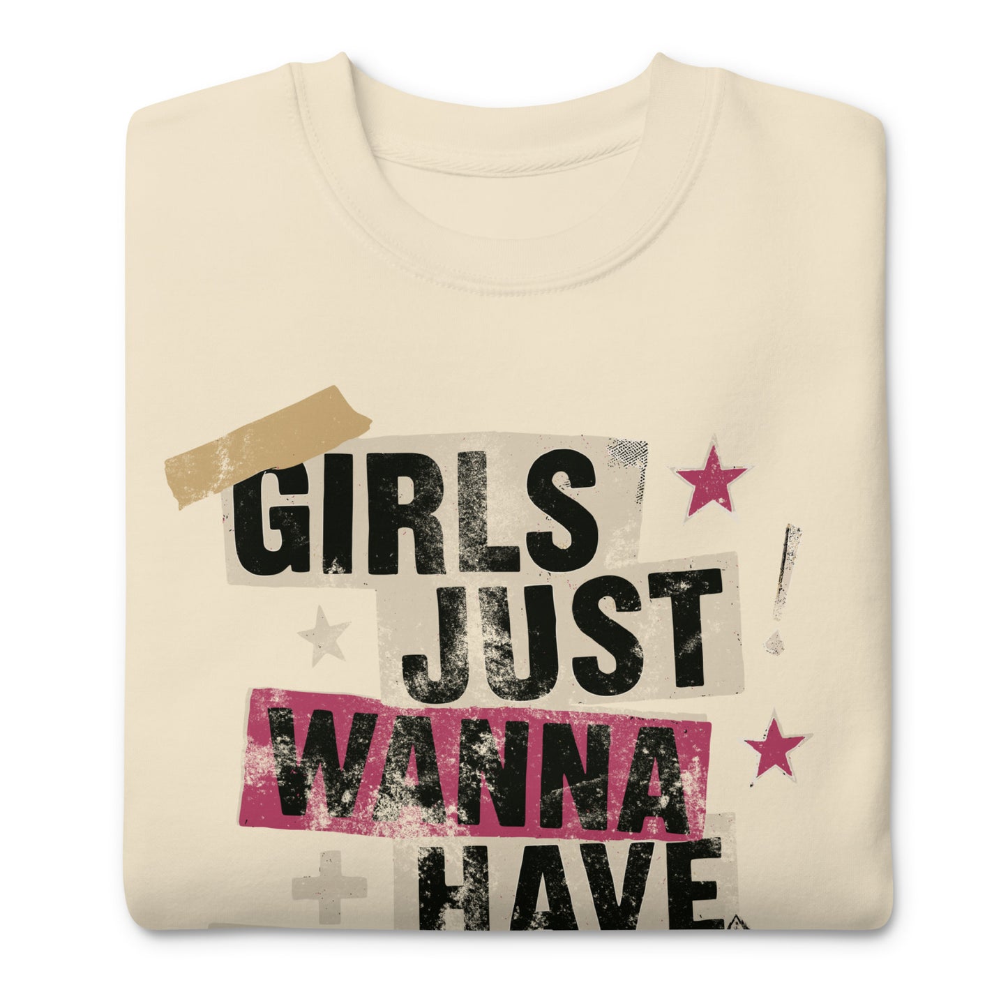 Cream unisex sweatshirt with layered collage-style lettering and lightning bolts. Soft yet rebellious feminist apparel by Blue Wave USA.