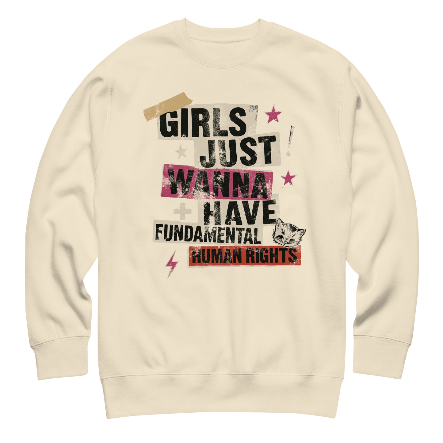 Cream sweatshirt with grunge-style feminist collage slogan. Retro punk design symbolizing women’s empowerment by Blue Wave USA.