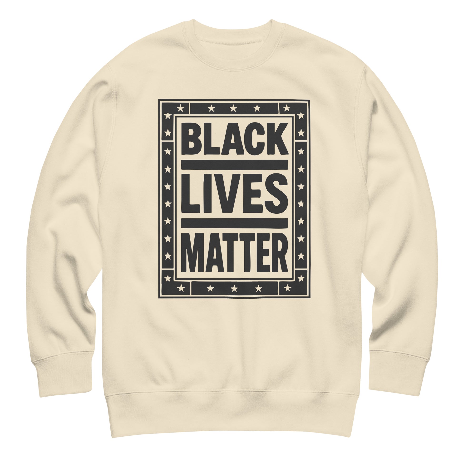 Sand-colored unisex premium sweatshirt with the cream framed “BLACK LIVES MATTER” block-print layout, subtle tone-on-tone contrast and star details for a soft activist look.