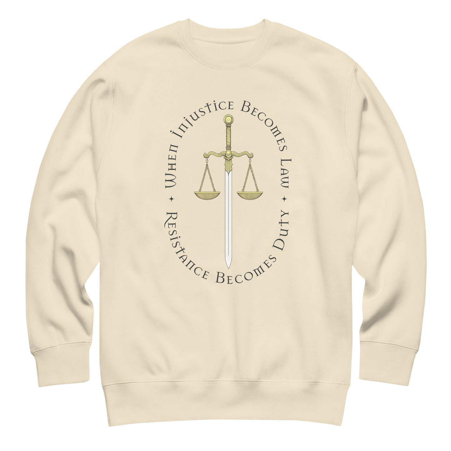 Cream unisex premium sweatshirt featuring Sword of Justice and scales illustration, centered activist graphic.