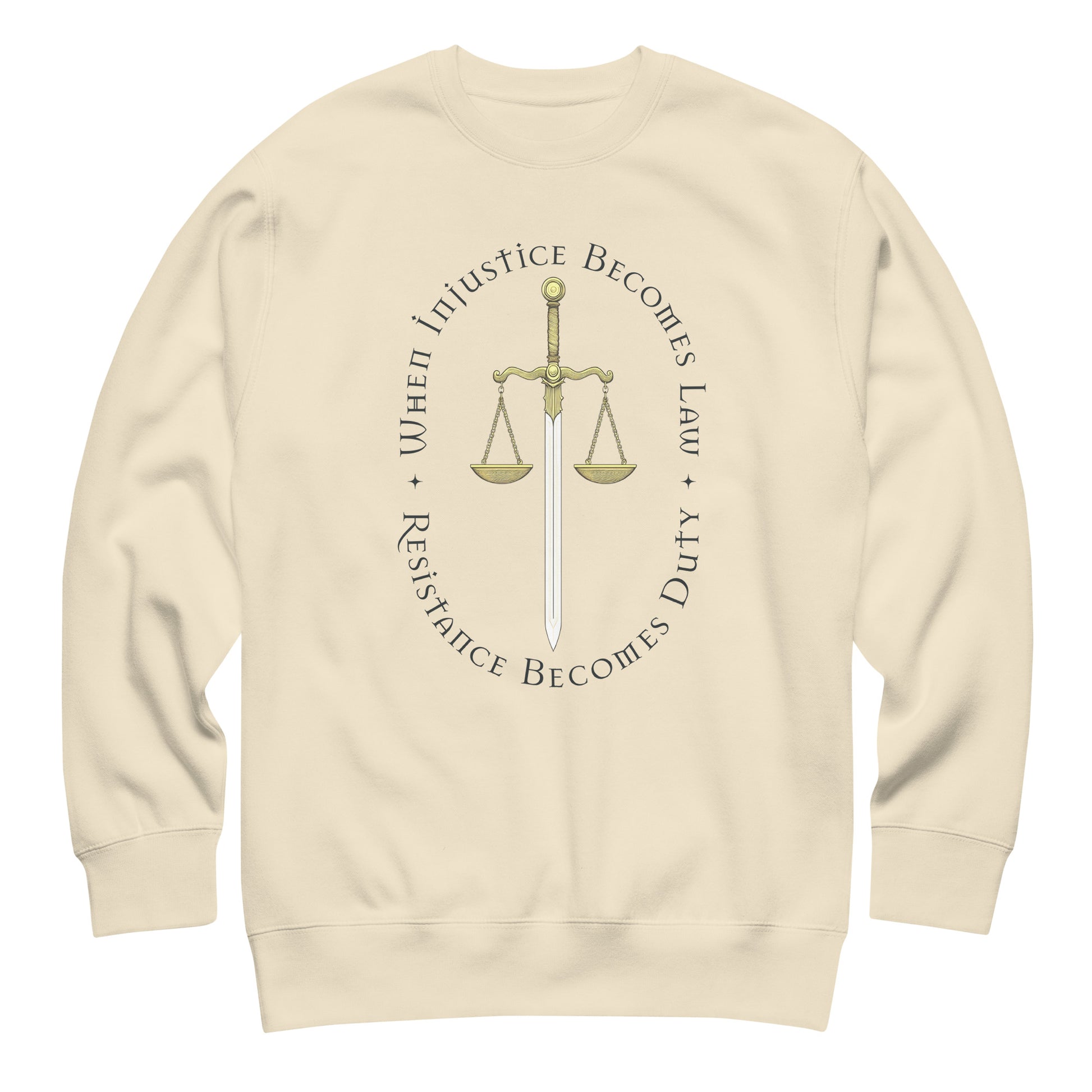 Cream unisex premium sweatshirt featuring Sword of Justice and scales illustration, centered activist graphic.