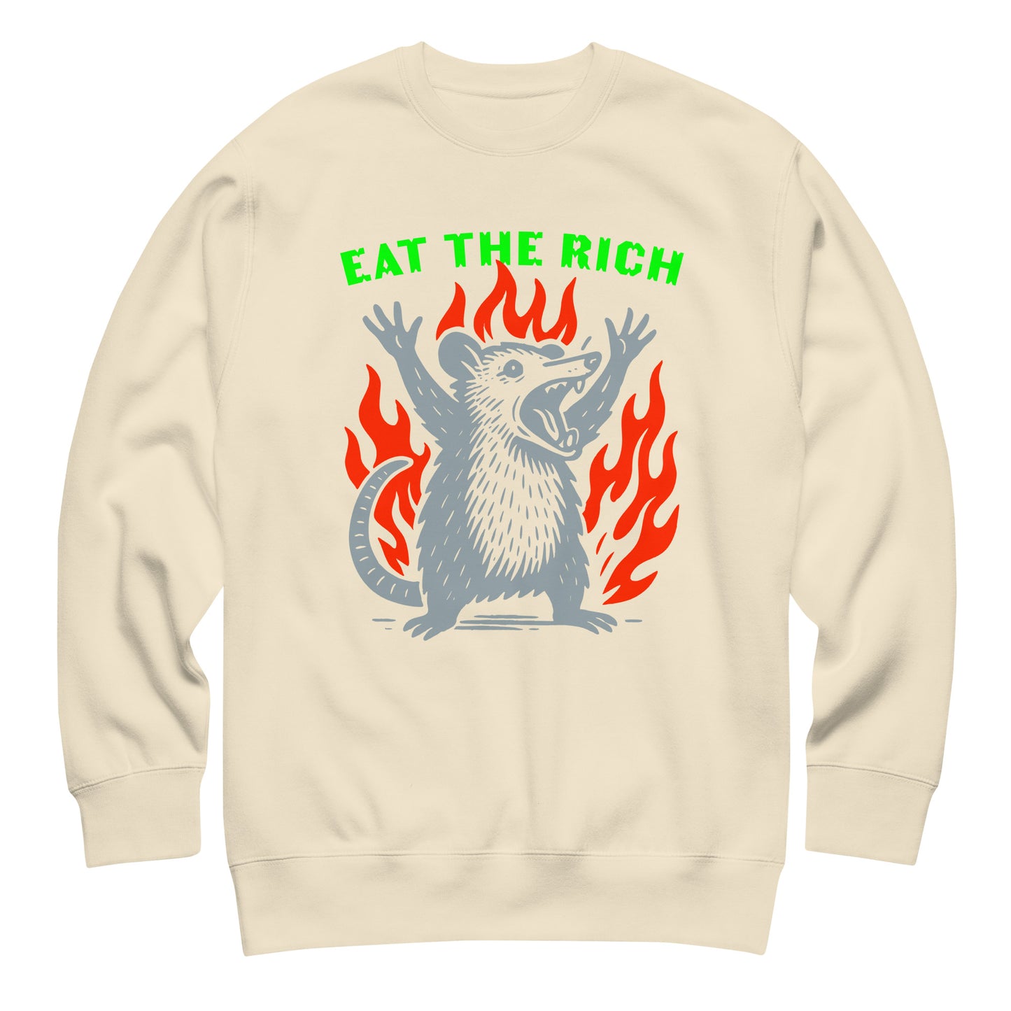 Sand beige unisex premium sweatshirt featuring flaming opossum illustration with bold “Eat The Rich” activist protest design.