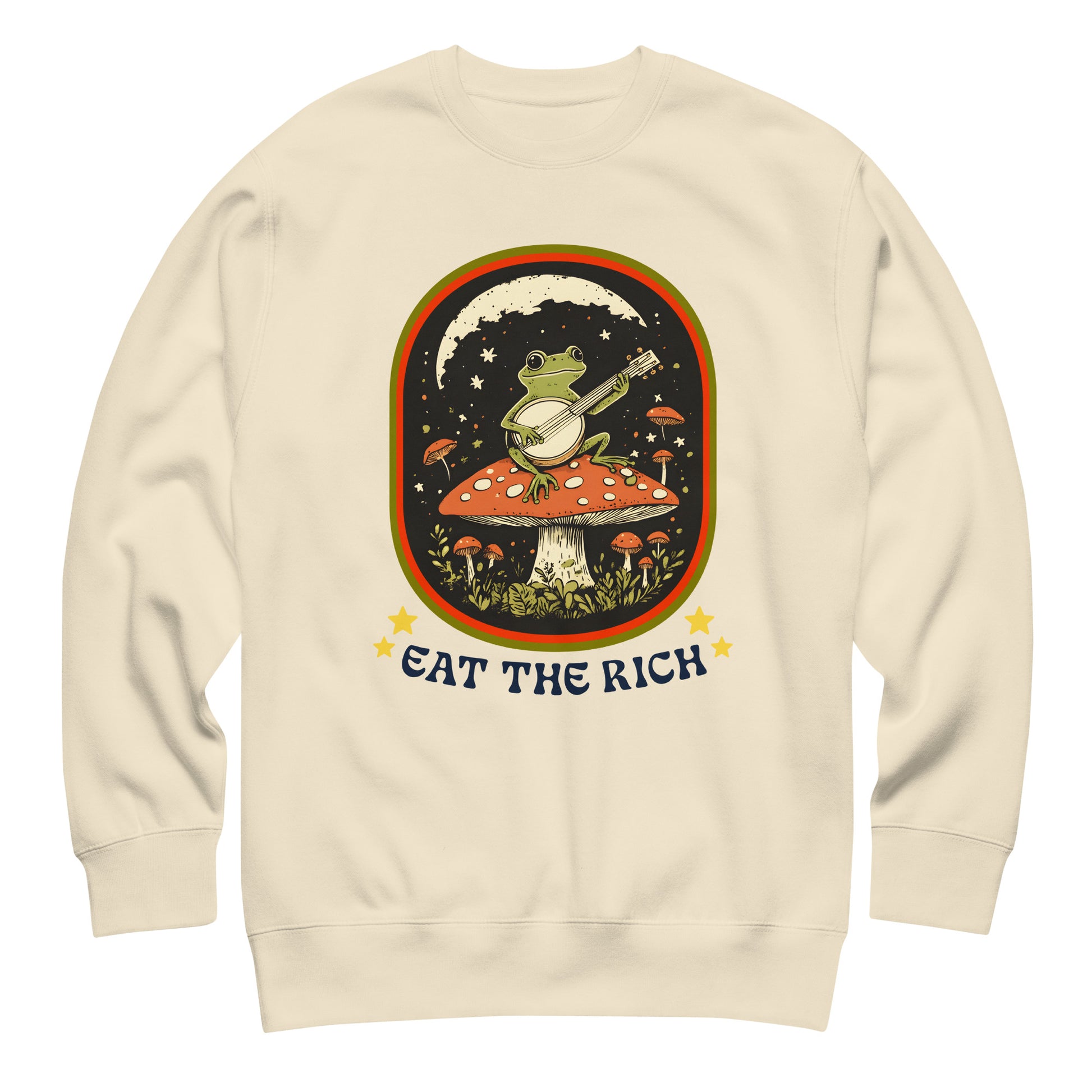 Sand beige unisex premium sweatshirt featuring frog playing banjo on mushroom with retro anti-capitalist message.