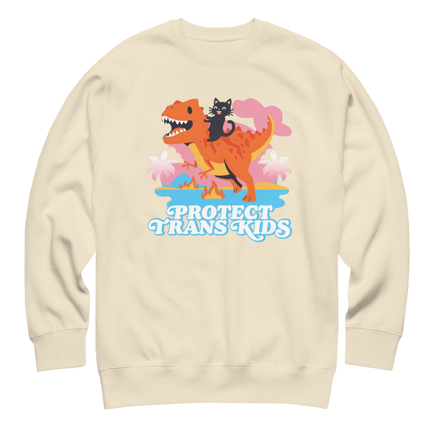 Sand-colored unisex premium sweatshirt featuring cartoon dinosaur and ally cat illustration above bold retro typography reading “Protect Trans Kids,” progressive graphic sweatshirt by Blue Wave USA.
