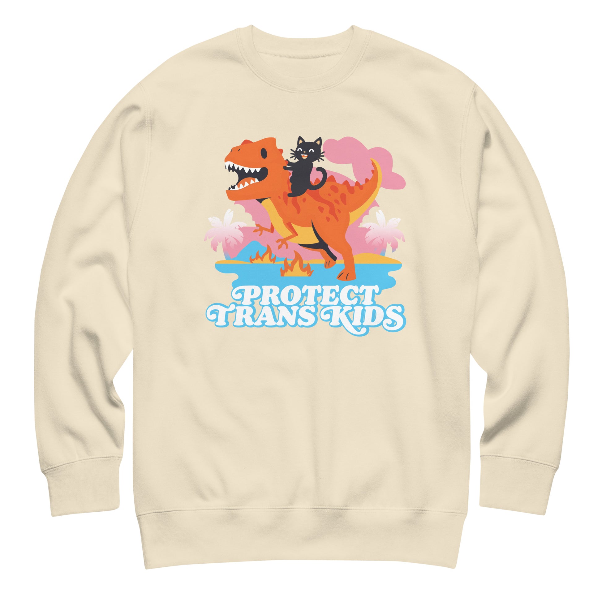 Sand-colored unisex premium sweatshirt featuring cartoon dinosaur and ally cat illustration above bold retro typography reading “Protect Trans Kids,” progressive graphic sweatshirt by Blue Wave USA.