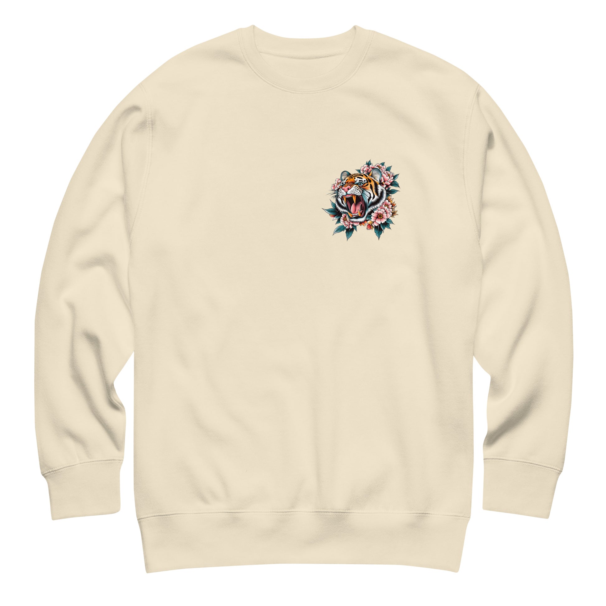 Sand unisex premium sweatshirt featuring small tiger emblem on chest, coordinating artwork for “Women Don’t Owe You Sh*t” equality-focused design.