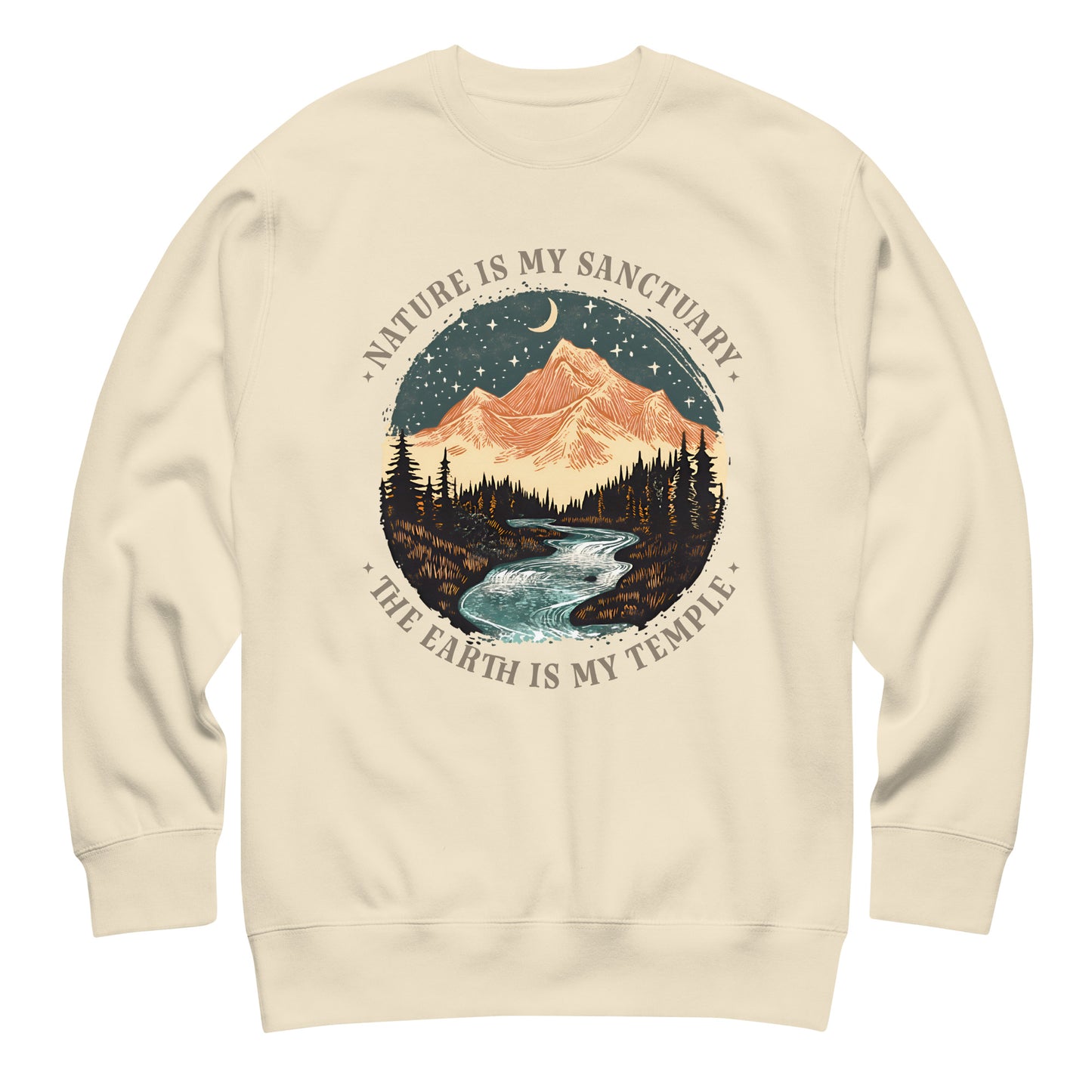 Cream unisex premium sweatshirt displaying mountain and river landscape with “The Earth Is My Temple” phrase in calm nature-inspired apparel.