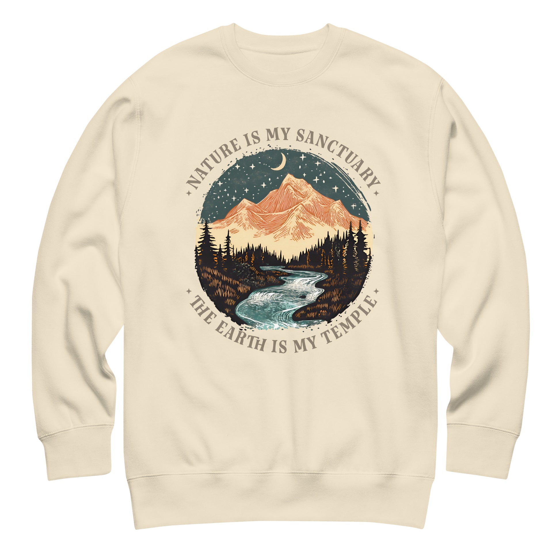 Cream unisex premium sweatshirt displaying mountain and river landscape with “The Earth Is My Temple” phrase in calm nature-inspired apparel.