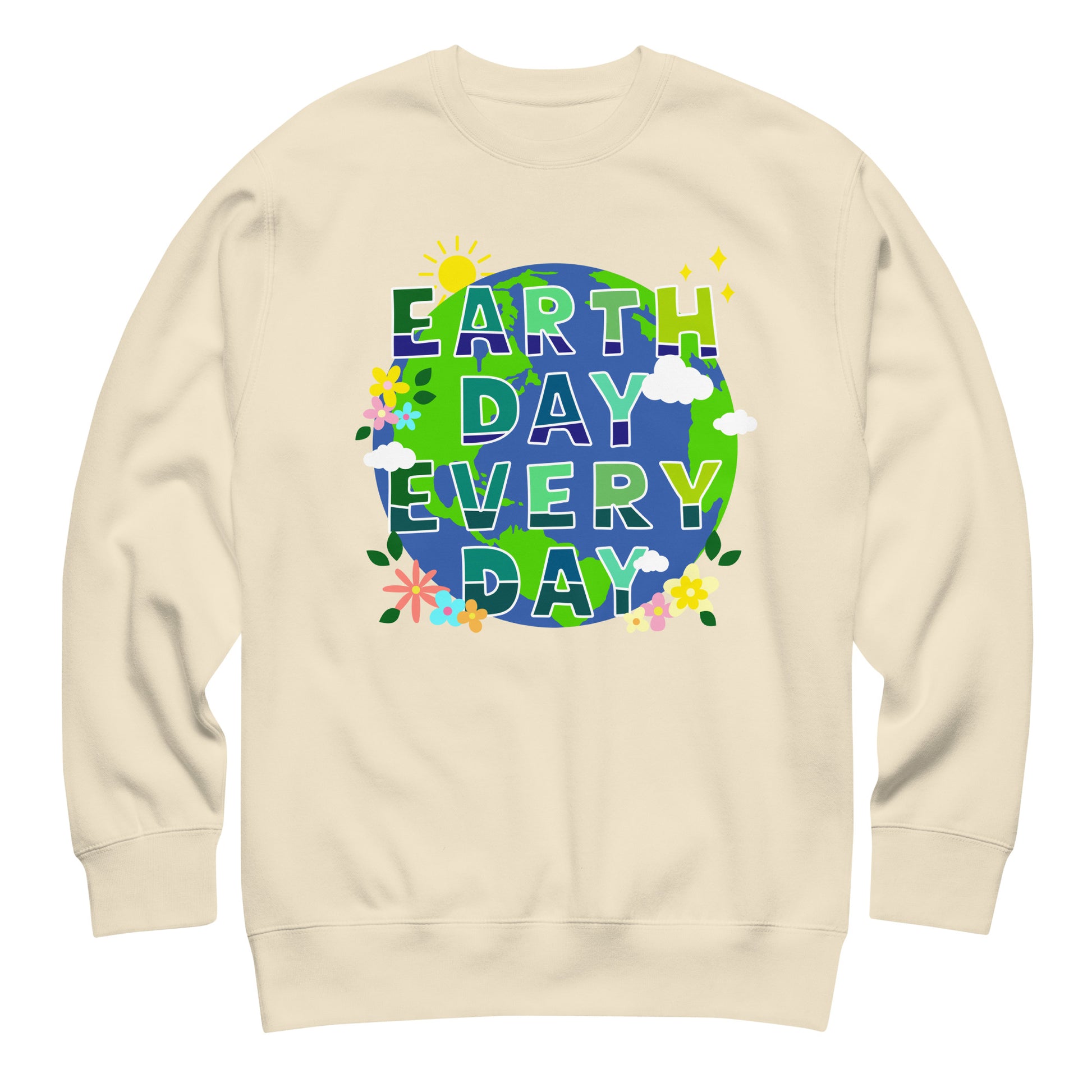 Cream unisex premium sweatshirt displaying colorful Earth with plants and environmental message in clean eco-conscious design.