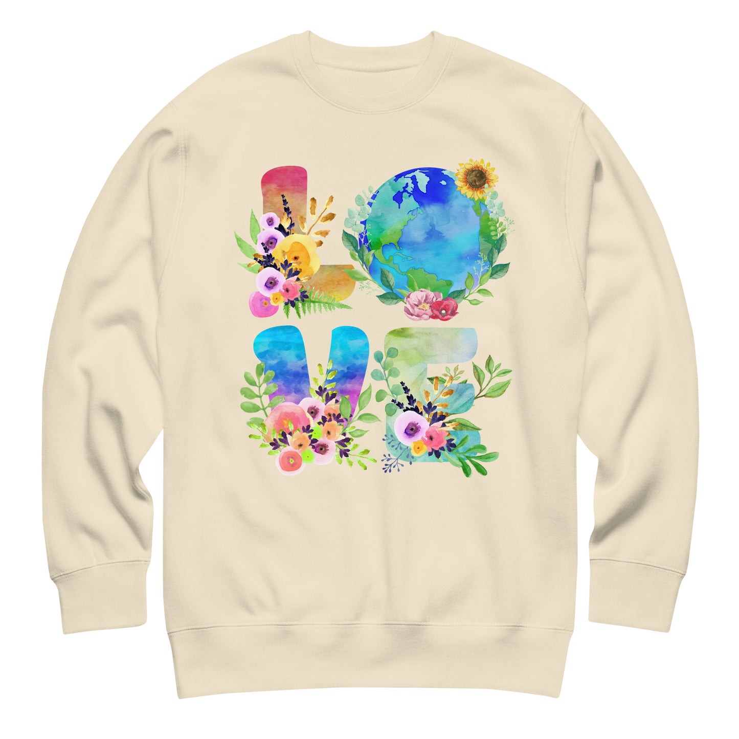 Cream unisex premium sweatshirt displaying floral “LOVE” lettering with Earth illustration in soft eco-conscious apparel style.