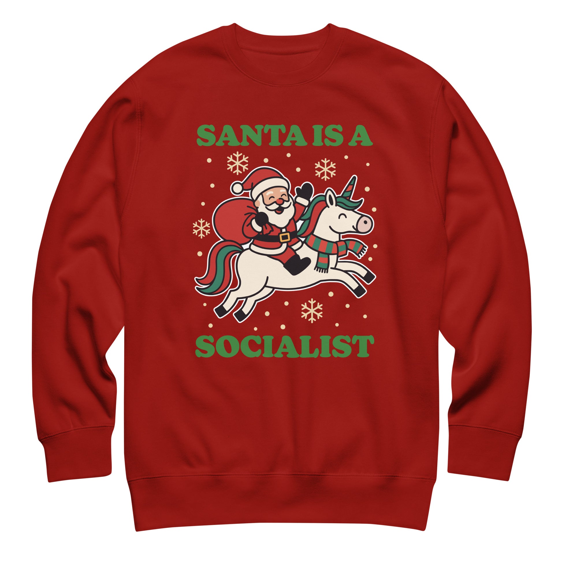 Red sweatshirt printed with a vintage Santa riding a unicorn illustration, decorative stars, and the message “SANTA IS A SOCIALIST.”