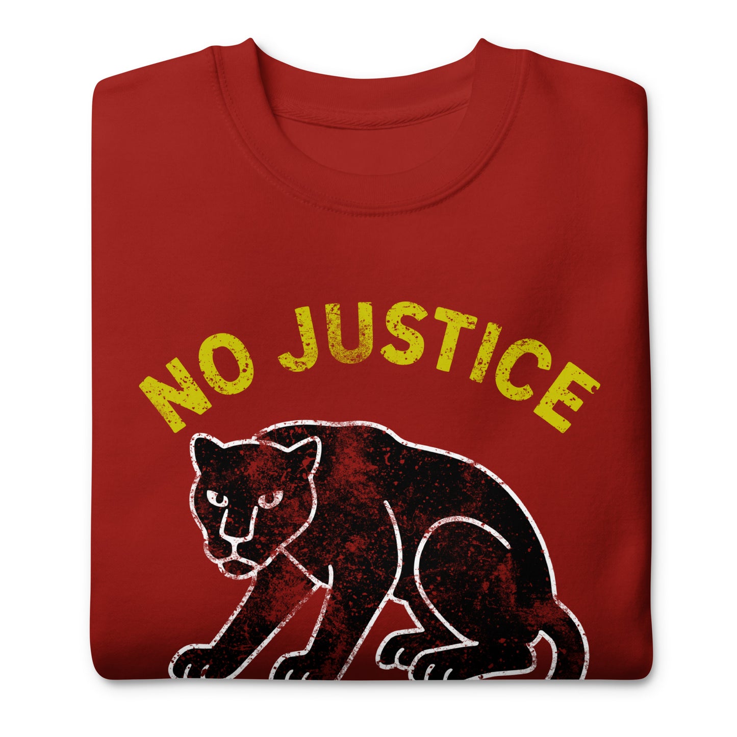 Red unisex sweatshirt showing the distressed panther illustration and the printed message “NO JUSTICE NO PEACE.” Justice-focused apparel with a bold textured activist design.